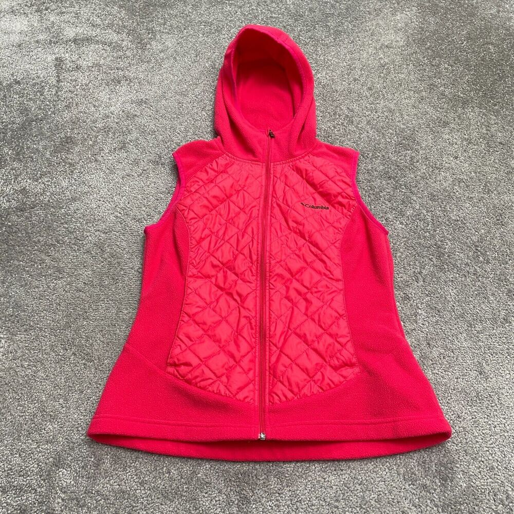 Columbia Thermal Coil Hooded Vest Women Small Pink Full Zip Quilted Outdoor Hike